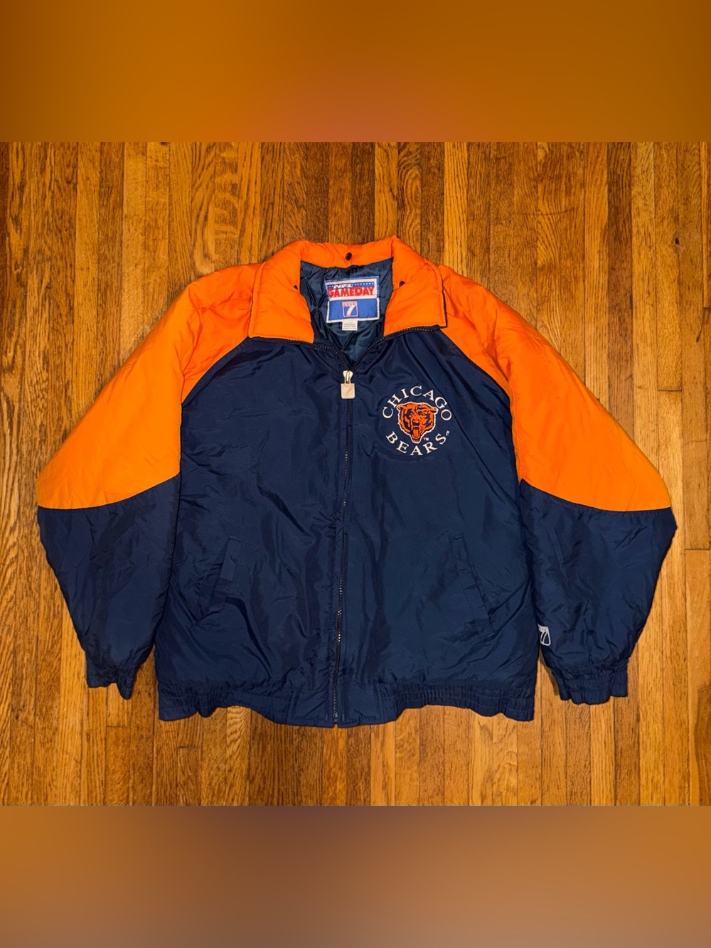 Vintage NFL GAMEDAY Chicago Bears Logo 7 Navy Blue & Orange Winter Jacket Coat L